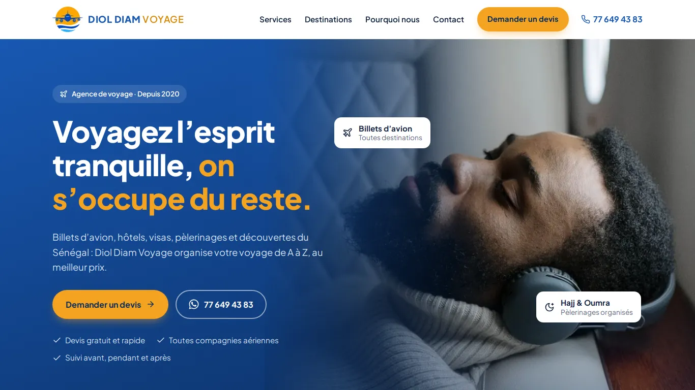 Page d’accueil du site de Diol Diam Voyage